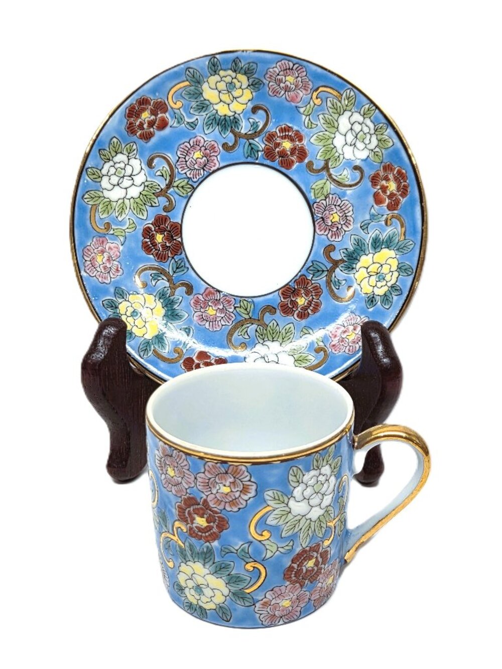 Vintage Japan Demitasse Tea Cup Saucer Set Espresso Porcelain Flowers Gold Gilt